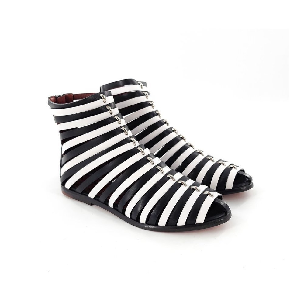 MISSONI Strappy‎ Black White Gladiator Leather Flat Sandals Zip NEW Size 36 5.5
